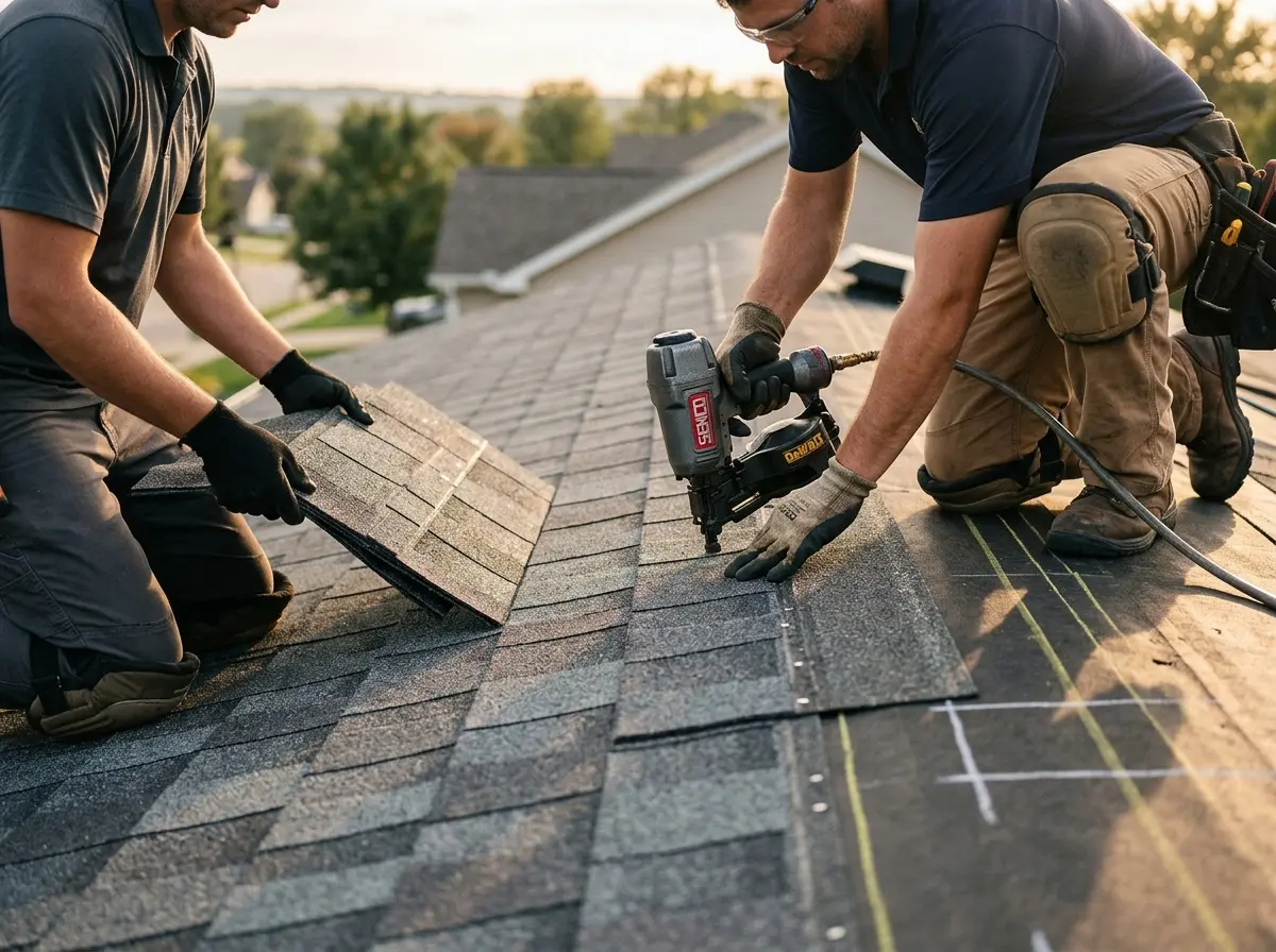 Professional roofer working on a residential roof in Rosemont